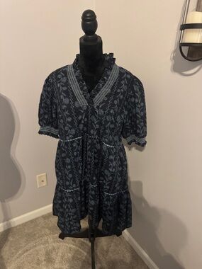 Navy Floral Tiered V-Neck Dress